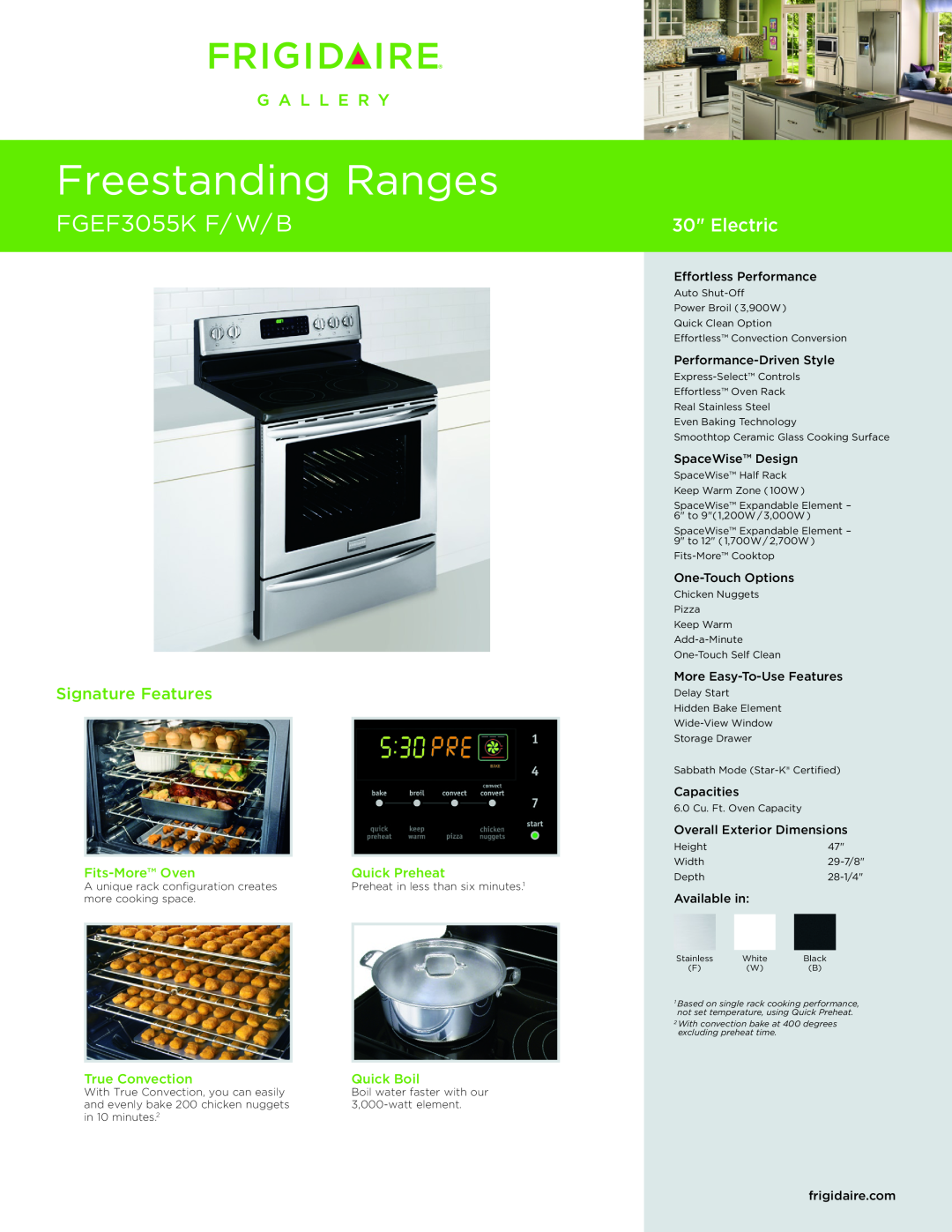 Frigidaire FGEF3055KF dimensions Fits-MoreOven, Quick Preheat, True Convection, Quick Boil, Effortless Performance 